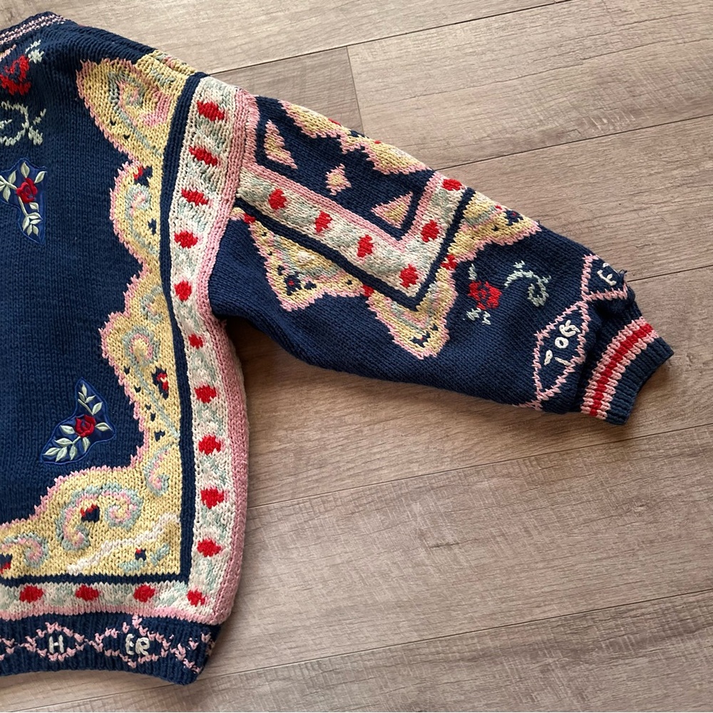 90s Together! Sweater Blue Yellow Knit Embroidered Button Up Cardigan - Picture 14 of 14